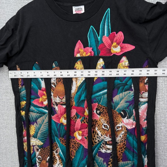 Oneita Vtg 90s Graphic T-Shirt Leopard Floral Print Made in USA XL Handmade - Picture 9 of 12